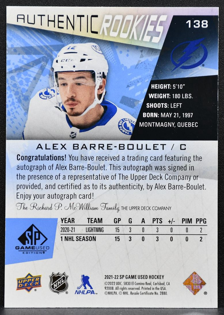 2021-22 SP Game Used Blue Authentic Rookies Auto Barre-Boulet RC Auto 2817
