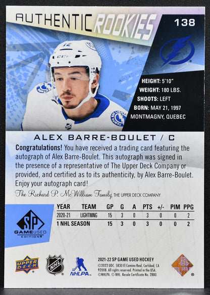 2021-22 SP Game Used Blue Authentic Rookies Auto Barre-Boulet RC Auto 2817