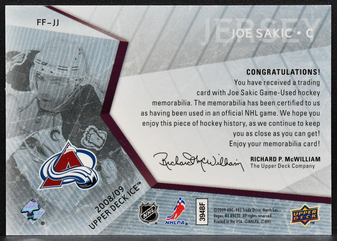 2008-09 Upper Deck Ice Frozen Fabrics Joe Sakic FF-JJ Jersey 9361