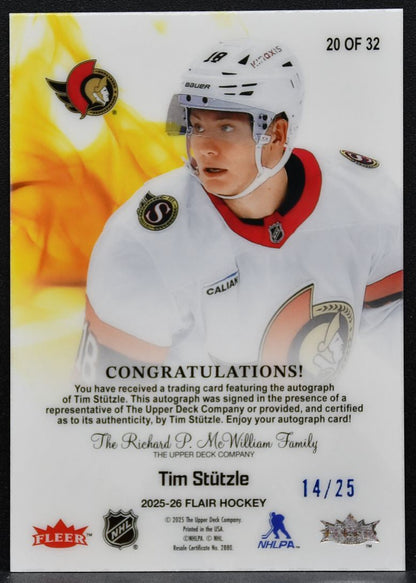 2025-26 Flair Hot Hues Auto Tim Stutzle 20 Ottawa Senators Auto 14/25 3523