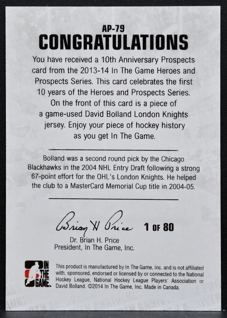 2013-14 In The Game Heroes and Prospects 10th Anniversary Bolland Jersey 5734