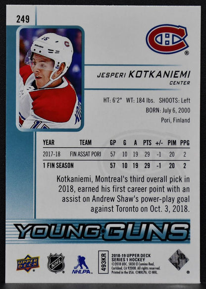 2018-19 UD Series 1 Young Guns Jesperi Kotkaniemi 249 Montreal Canadiens RC 4688