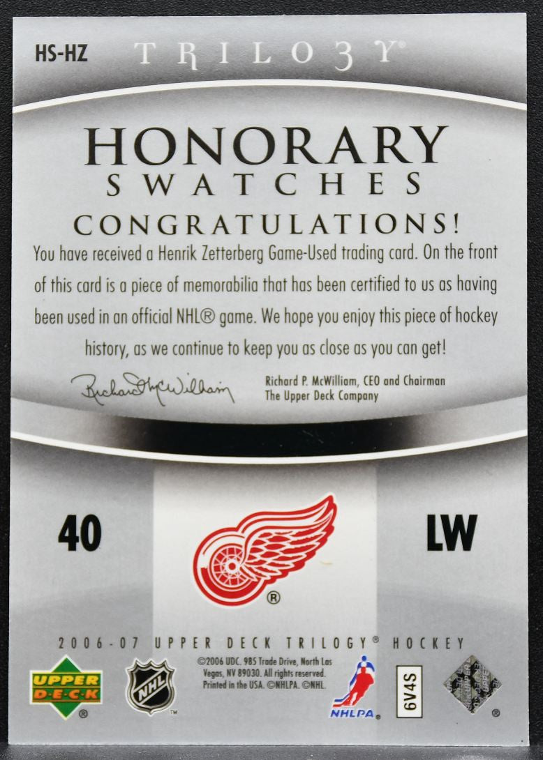 2006-07 UD Trilogy Honorary Swatches Henrik Zetterberg Red Wings Jersey 2266