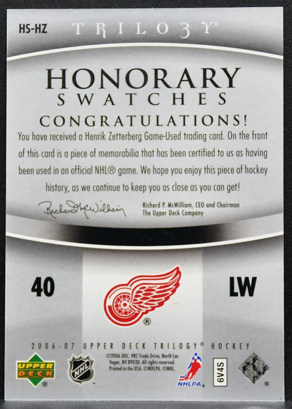 2006-07 UD Trilogy Honorary Swatches Henrik Zetterberg Red Wings Jersey 2266