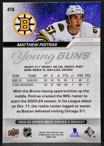 2023-24 UD Series 2 Young Guns Outburst Matthew Poitras 478 Boston Bruins RC 3711