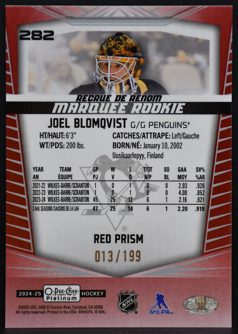 2024-25 OPC Platinum Marquee Red Prism Blomqvist 282 Penguins RC 013/199 8225
