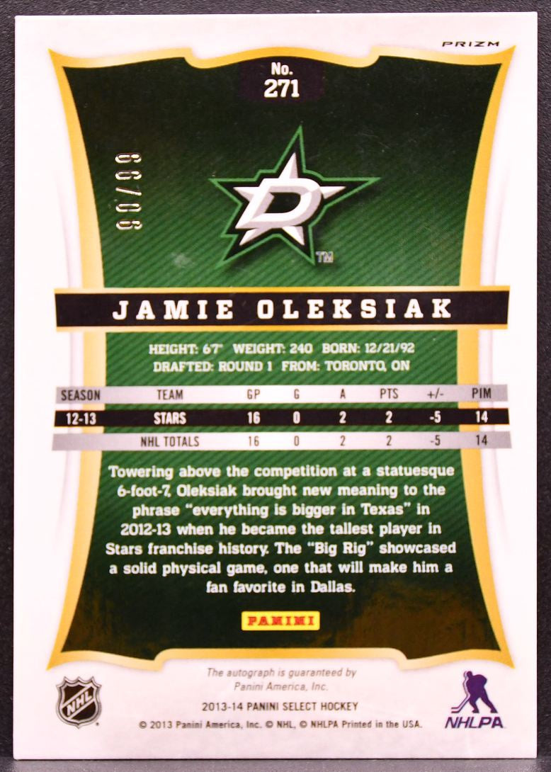 2013-14 Panini Select Jamie Oleksiak 271 Dallas Stars RC Auto 1192