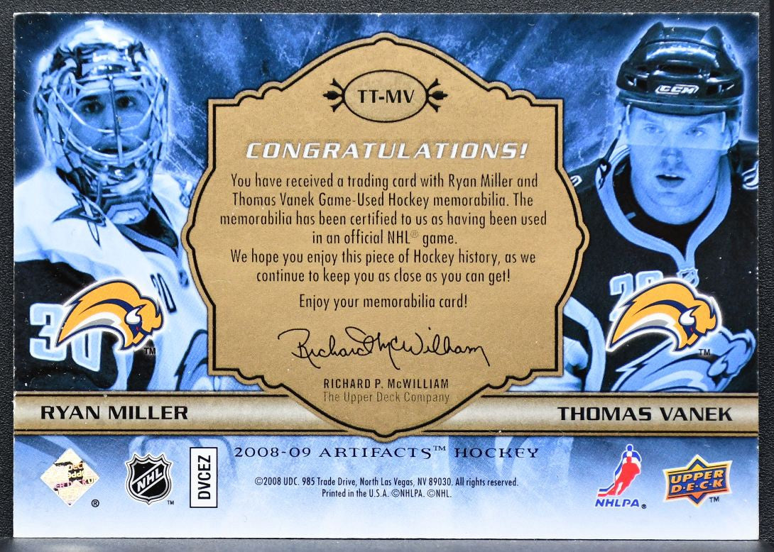 08-09 UD Artifacts Tundra Tandems Miller/ Vanek TT-MV Sabres 39/75 Jersey 3056