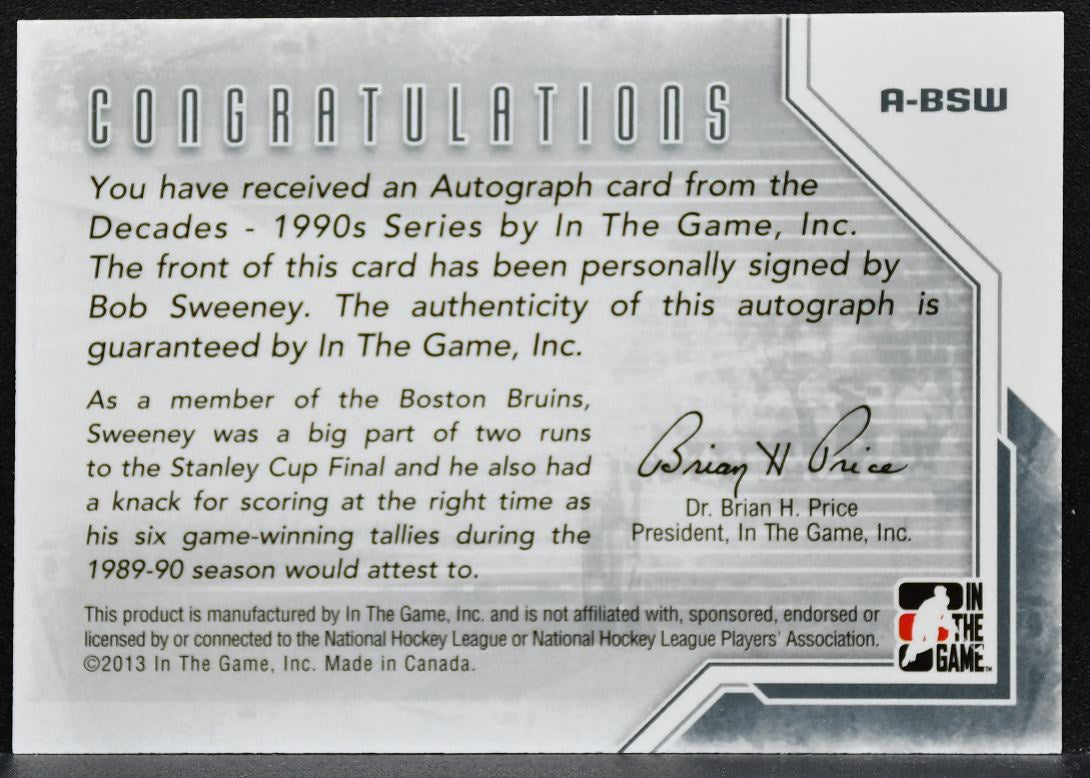 2013-14 In The Game Decades 1990s Bob Sweeney A-BSW Boston Bruins Auto 6982
