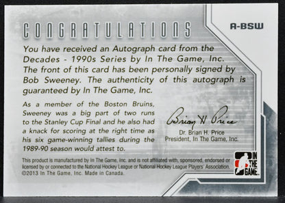 2013-14 In The Game Decades 1990s Bob Sweeney A-BSW Boston Bruins Auto 6982