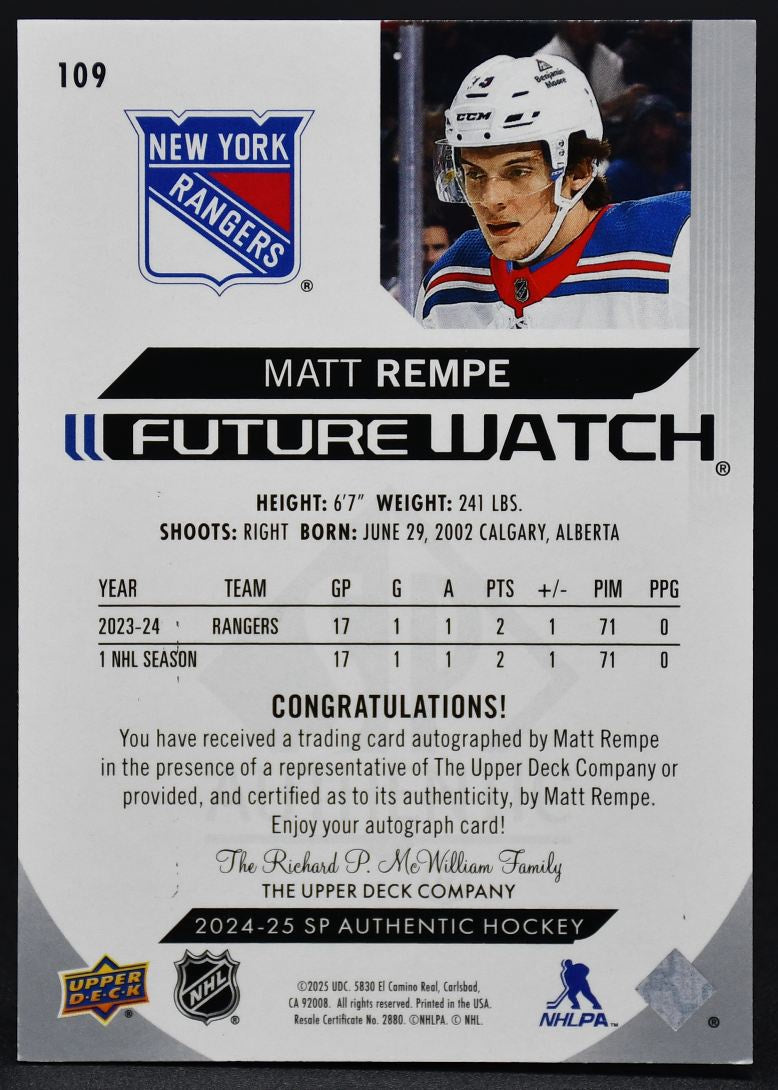 2024-25 SP Authentic Future Watch Horizontal Auto Matt Rempe 109 Auto 088/599