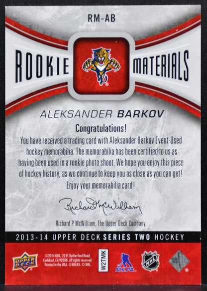 2013-14 UD Series 2 Rookie Materials Aleksander Barkov Panthers RC Jersey 7423