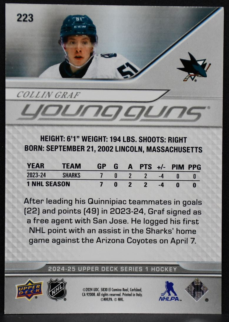2024-25 UD Series 1 Young Guns Deluxe Collin Graf 223 San Jose Sharks 220/250 1176