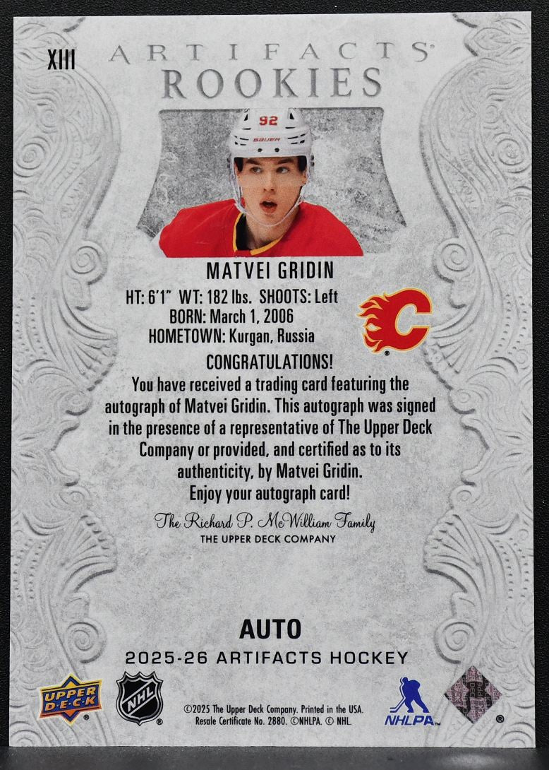 2025-26 Upper Deck Artifacts Rookies Auto Redemptions Matvei Gridin RC Auto 6421