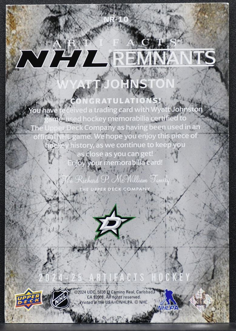 2024-25 UD Artifacts NHL Remnants Wyatt Johnston NR-10 Dallas Stars Jersey 7246