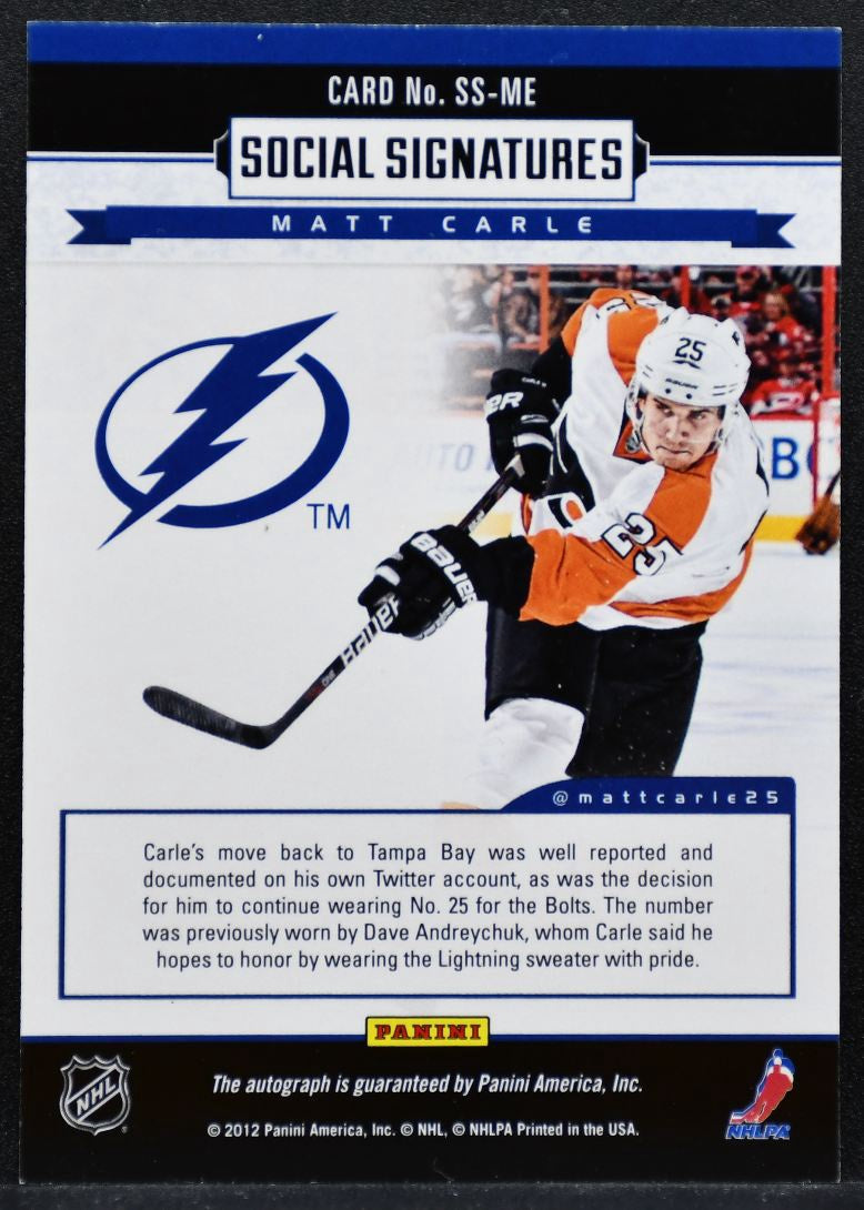 2012-13 Panini Playbook Social Signatures Matt Carle SS-ME Lightning Auto 6600