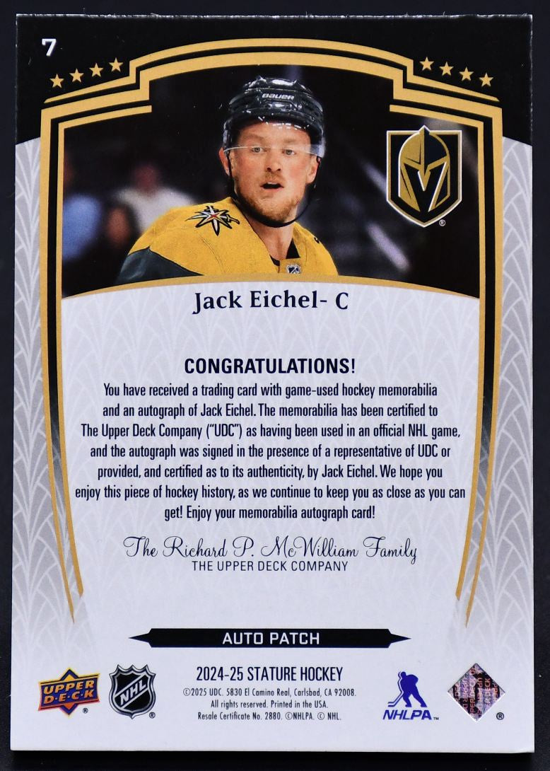 2024-25 UD Stature Auto Patch Jack Eichel 7 Auto 46/49 Patch