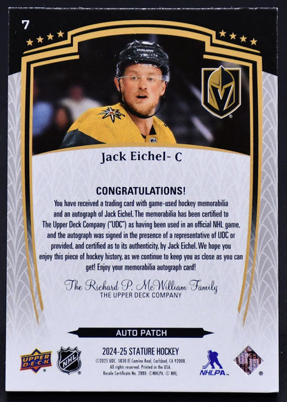 2024-25 UD Stature Auto Patch Jack Eichel 7 Auto 46/49 Patch