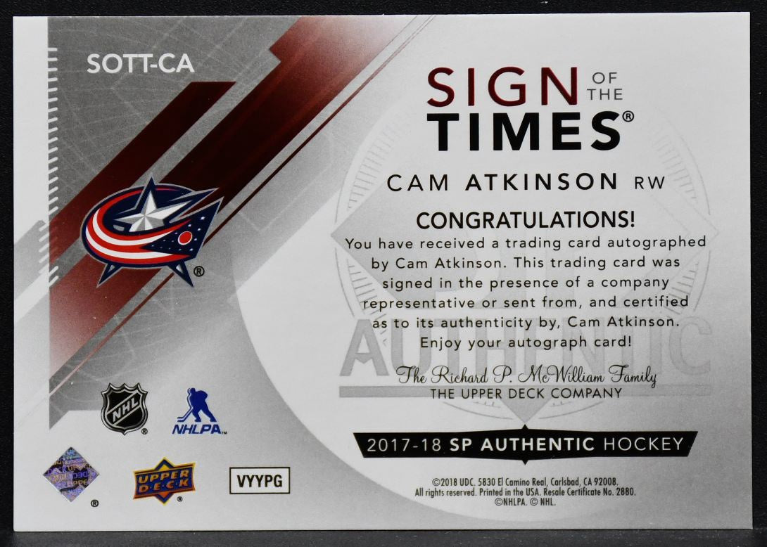 2017-18 SP Authentic Sign of the Times Cam Atkinson SOTT-CA Columbus Auto