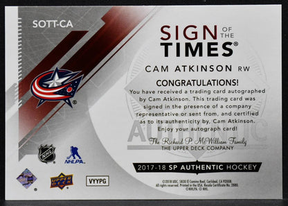 2017-18 SP Authentic Sign of the Times Cam Atkinson SOTT-CA Columbus Auto