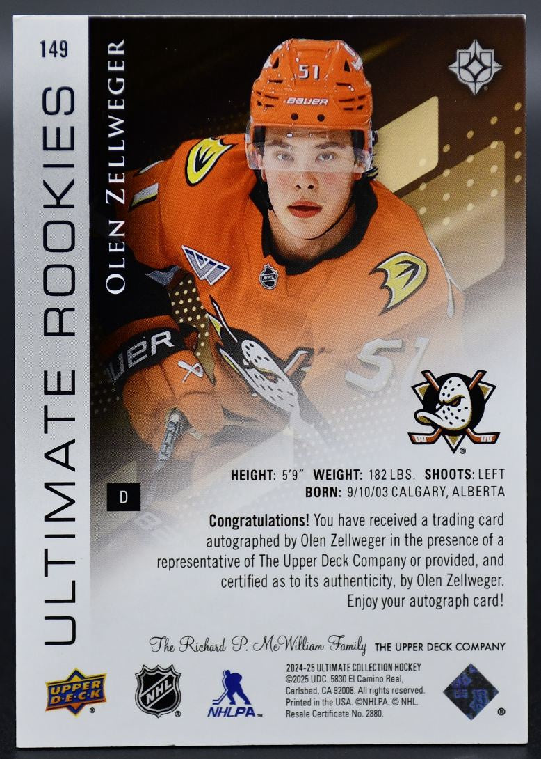 2024-25 UD Ultimate Collection Olen Zellweger 149 Anaheim Ducks RC Auto 054/299