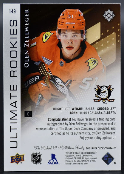 2024-25 UD Ultimate Collection Olen Zellweger 149 Anaheim Ducks RC Auto 054/299