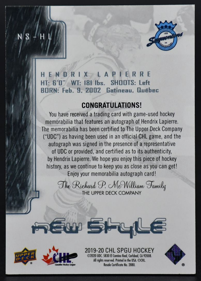 2019-20 Game Used CHL New Style Hendrix Lapierre HL Chicoutimi Sagueneens Auto