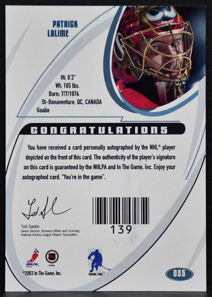 2002-03 In The Game Signature Patrick Lalime 035 Ottawa Senators Auto 3887
