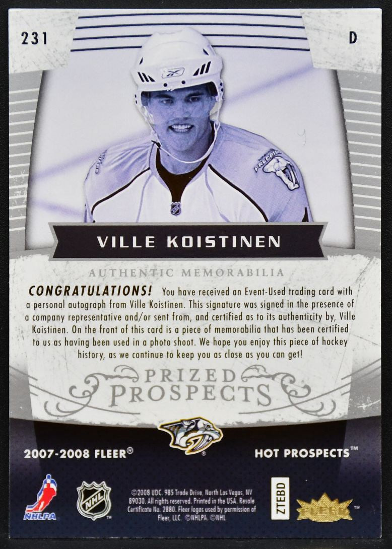 2007-08 Fleer Hot Prospect Prized Koistinen Predators RC Auto 256/399 Patch 0126