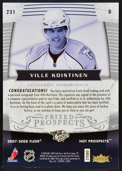 2007-08 Fleer Hot Prospect Prized Koistinen Predators RC Auto 256/399 Patch 0126