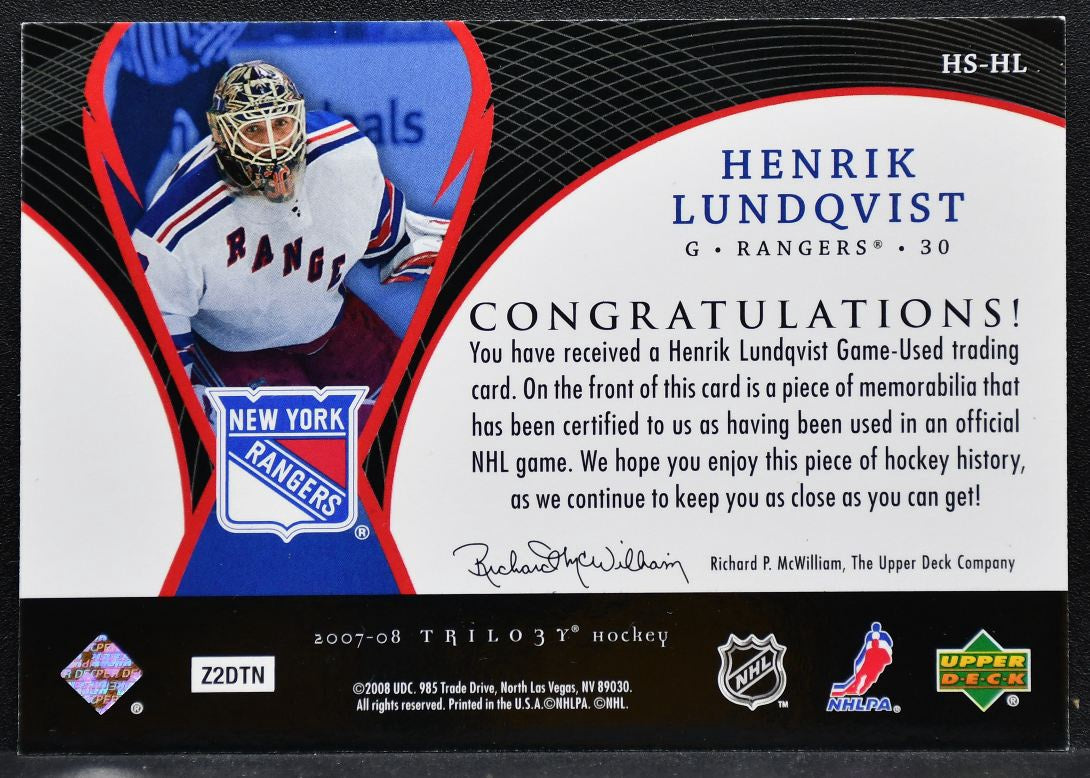 2008-09 UD Trilogy Honorary Swatches Henrik Lundqvist HS-HL Rangers Jersey 9961