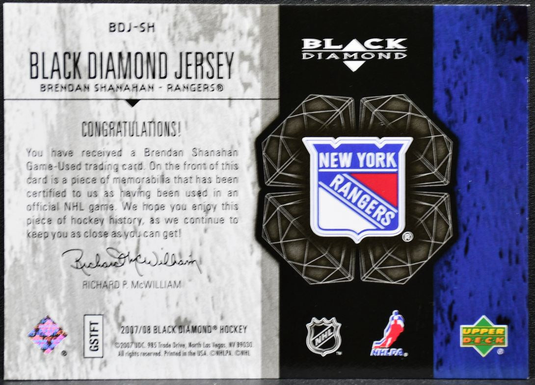 2007-08 UD Black Diamond Jerseys Shanahan New York Rangers Jersey 6942