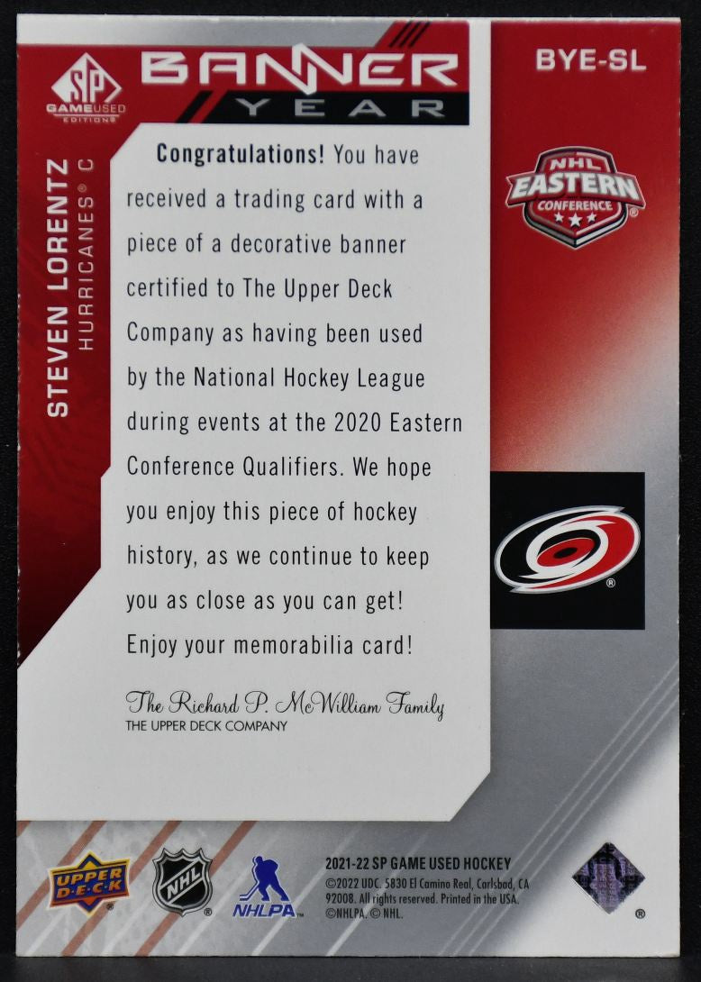 SP Game Used NHL Eastern Conference Banner Year Relics Lorentz Hurricanes Patch 3095