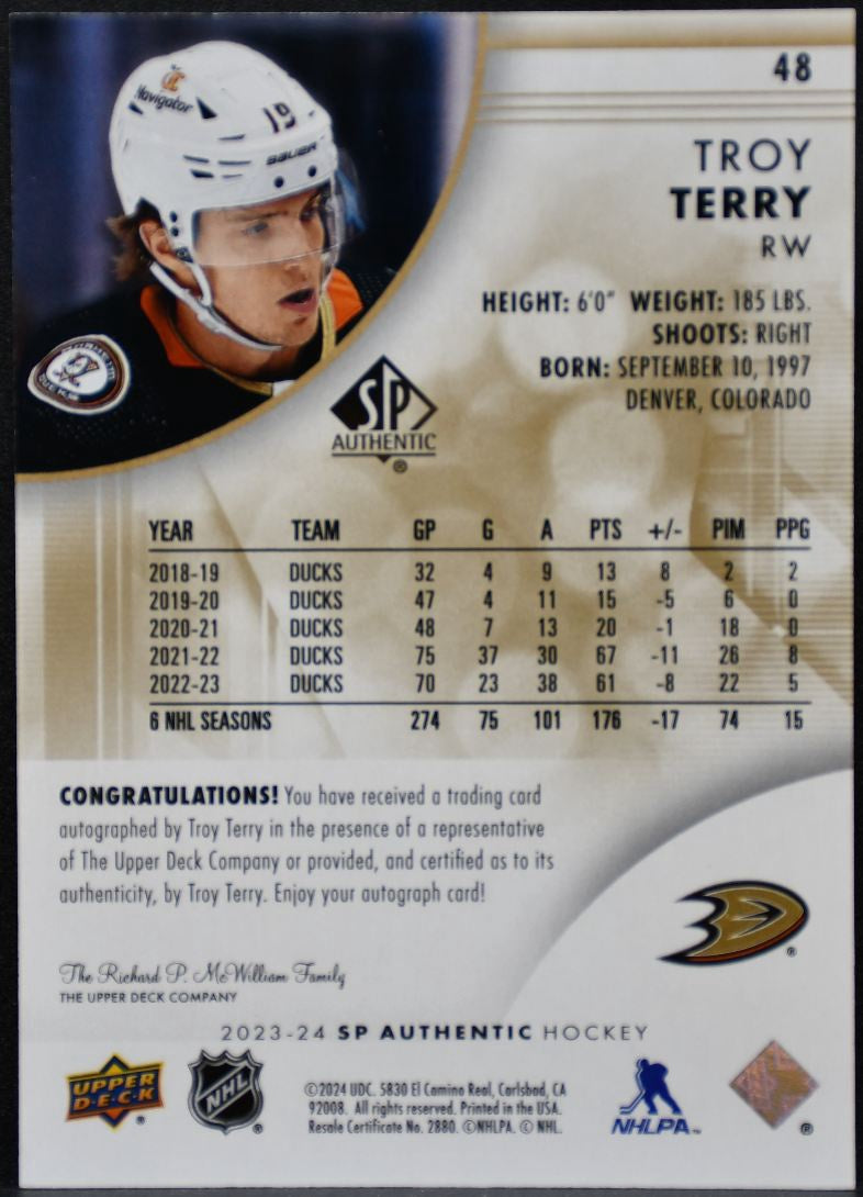 2023-24 SP Authentic Limited Auto Troy Terry 48 Anaheim Ducks Auto 6550