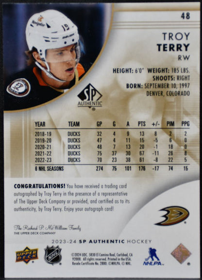 2023-24 SP Authentic Limited Auto Troy Terry 48 Anaheim Ducks Auto 6550