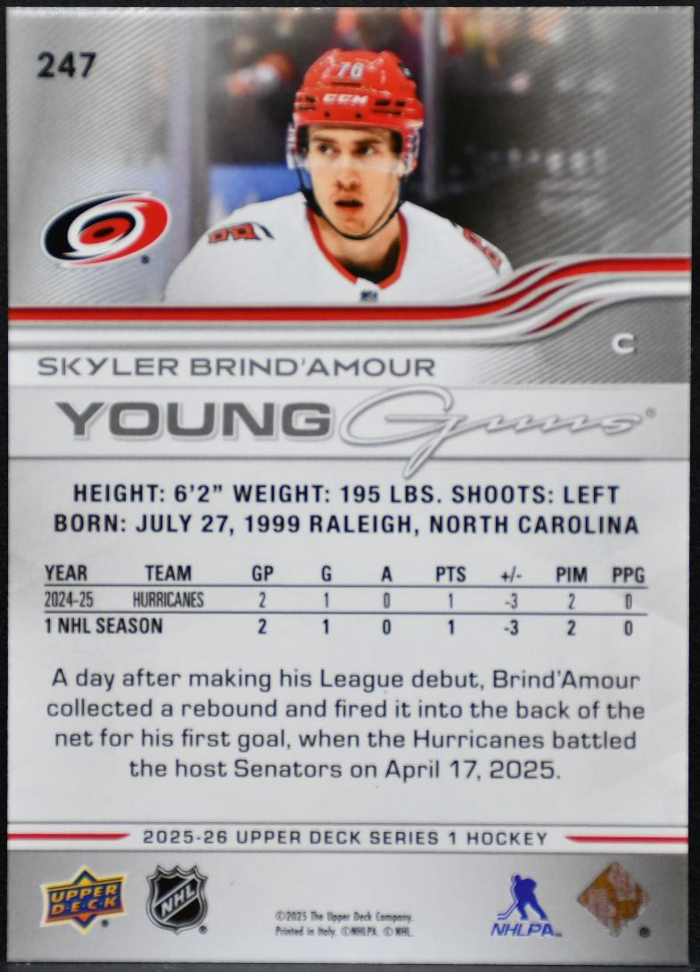 2025-26 UD Series 1 Young Guns Skyler Brind'Amour 247 Hurricanes RC 8592