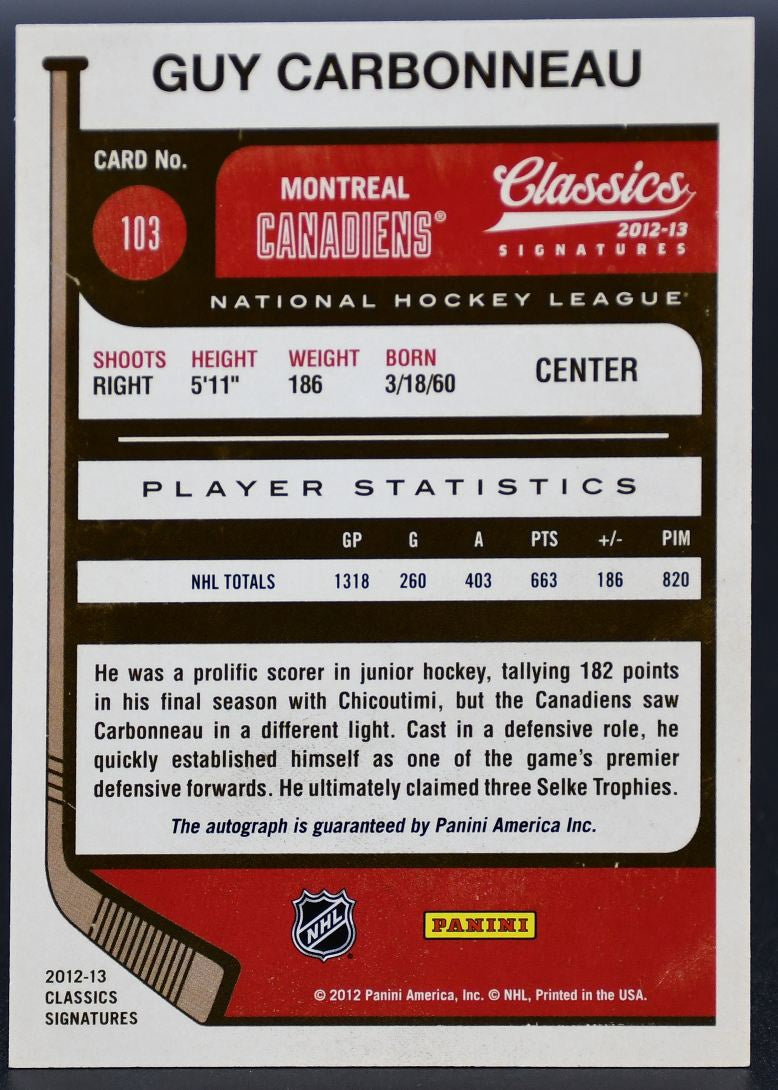 Carte autographiée de Carbonneau, Canadien de Montréal, collection Panini Classics Signatures 2012-2013