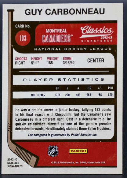 Carte autographiée de Carbonneau, Canadien de Montréal, collection Panini Classics Signatures 2012-2013