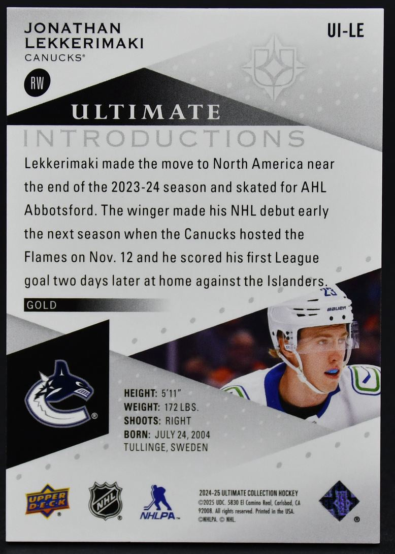 2024-25 UD Ultimate Collection Lekkerimaki UI-LE Vancouver Canucks RC /25