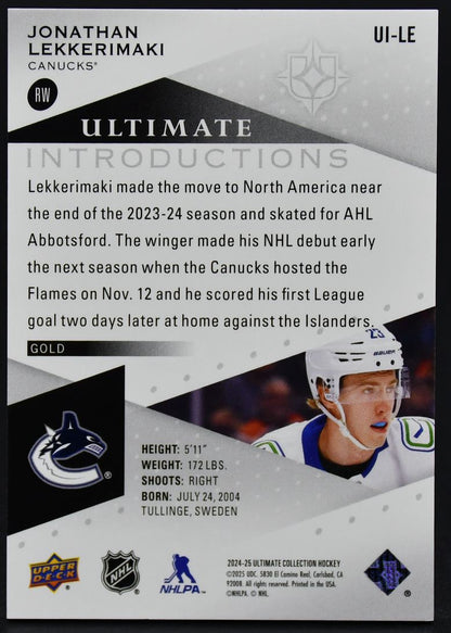 2024-25 UD Ultimate Collection Lekkerimaki UI-LE Vancouver Canucks RC /25