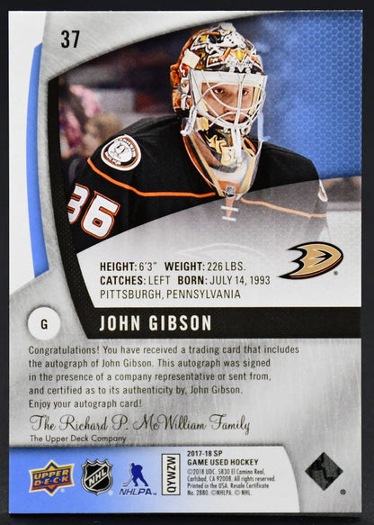 2017-18 SP Game Used Base Auto John Gibson 37 Auto