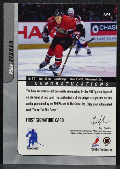 2000-01 Be a Player Signature Series Autographs Mike Fisher Senators Auto 7375