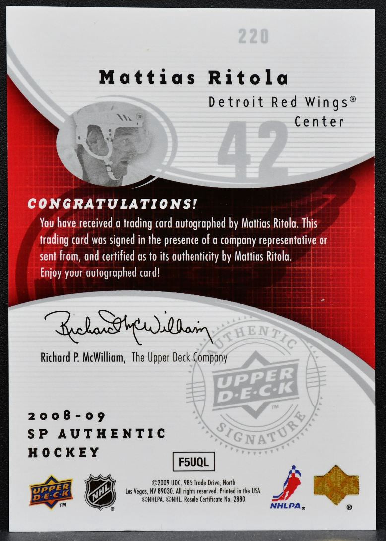 2008-09 SP Authentic Future Watch Auto Mattias Ritola 228 Red Wings RC Auto 7080