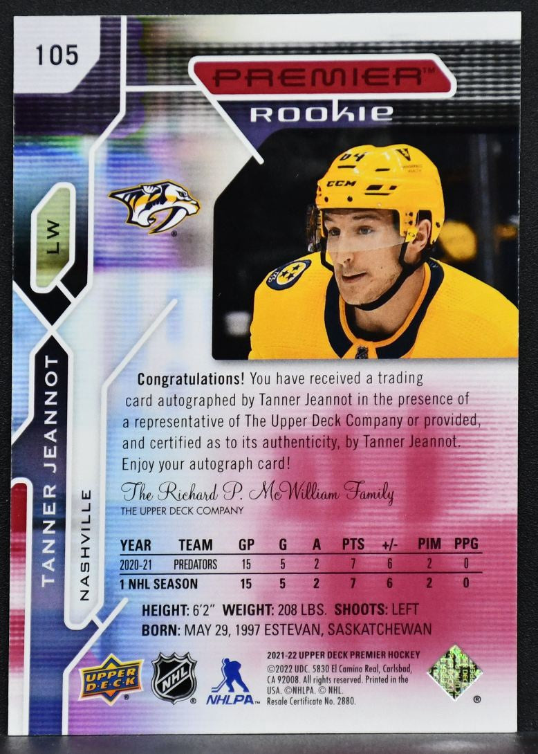 2021-22 UD Premier Rookie Autographs Tanner Jeannot 105 RC Auto