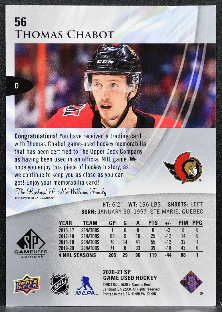 2020-21 SP Game Used Silver Jersey Thomas Chabot 56 Ottawa Senators Jersey 3230