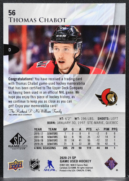2020-21 SP Game Used Silver Jersey Thomas Chabot 56 Ottawa Senators Jersey 3230