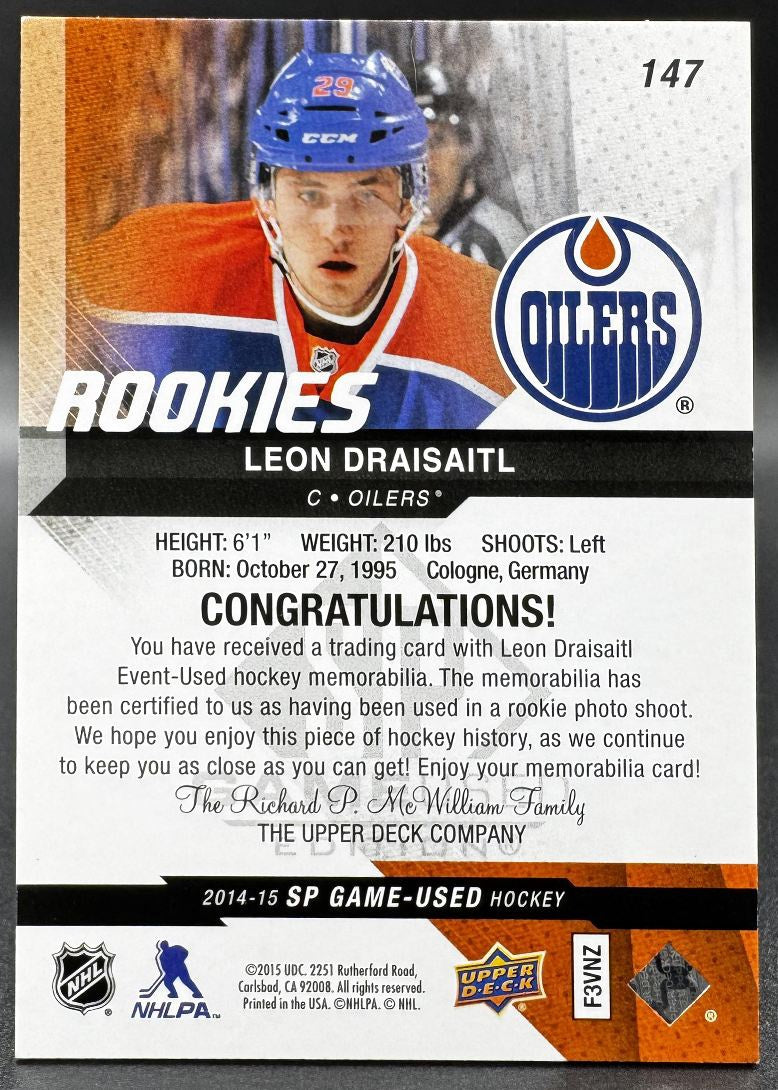 2014-15 SP Game Used Rookies Leon Draisaitl 147 Edmonton Oilers Auto Jersey