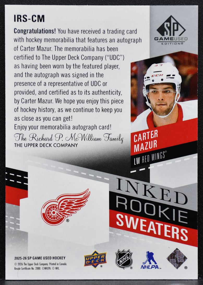 2025-26 SP Game Used Inked Rookie Sweaters Mazur Red Wings RC Auto Jersey 5999