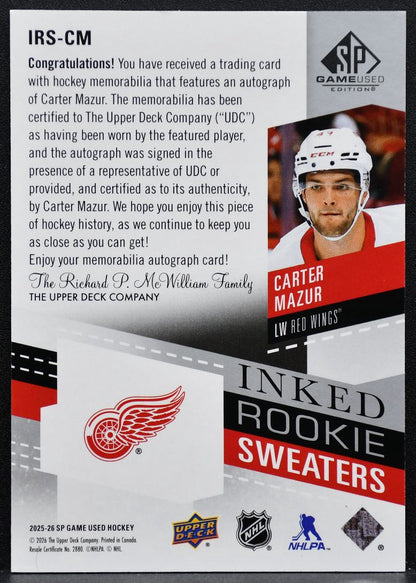 2025-26 SP Game Used Inked Rookie Sweaters Mazur Red Wings RC Auto Jersey 5999