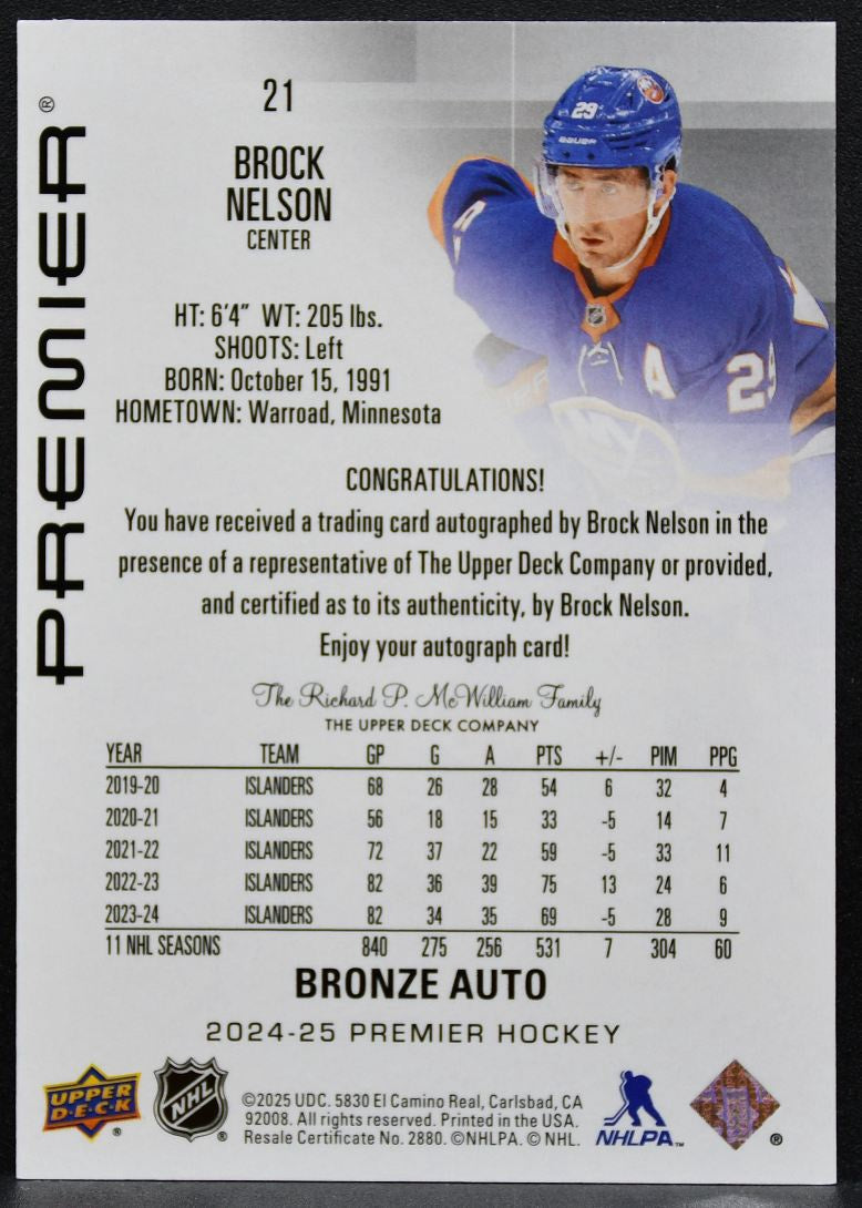 2024-25 Upper Deck Premier Bronze Auto Brock Nelson 21 Islanders Auto 3592
